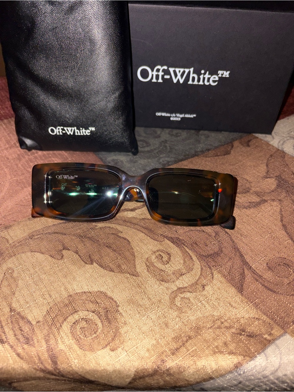 Off-White Women's Tortoiseshell Rectangular Sunglasses with Dark Brown Lenses ,
